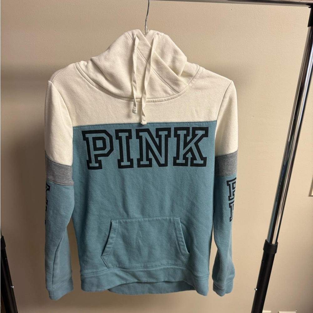 Victoria's Secret PINK Cream, Blue, and Gray Color Block Hoodie